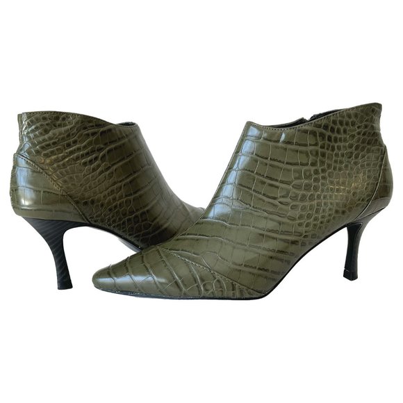 Zara Croc Print Embossed Heeled Olive Green Ankle Boot Booties, Sz EU 37 US 6.5 - Picture 2 of 15